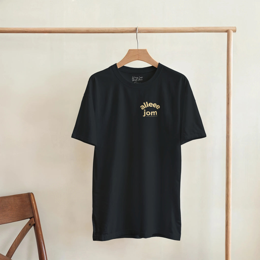 Allee jom t-shirt met Antwerpse uitspraak in gele letters op zwart shirt