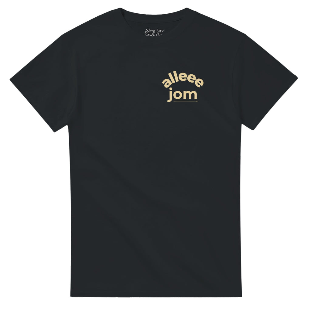 Allee jom tekstprint in geel op zwart t-shirt met pijl
