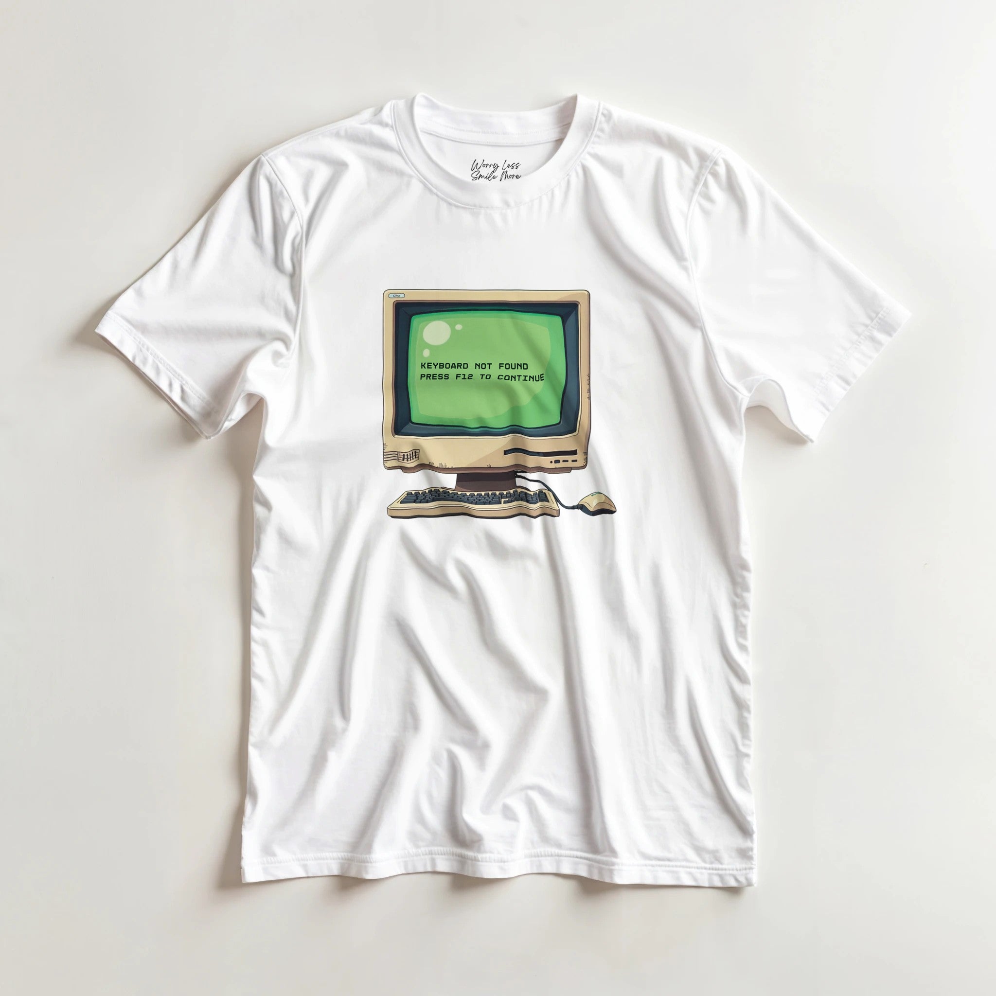 Het “Keyboard Not Found – Press F12 to Continue” T-shirt: pure nerd-meme in kledingvorm. Funny error shirt voor gamers, developers en kantoorwerkers.
