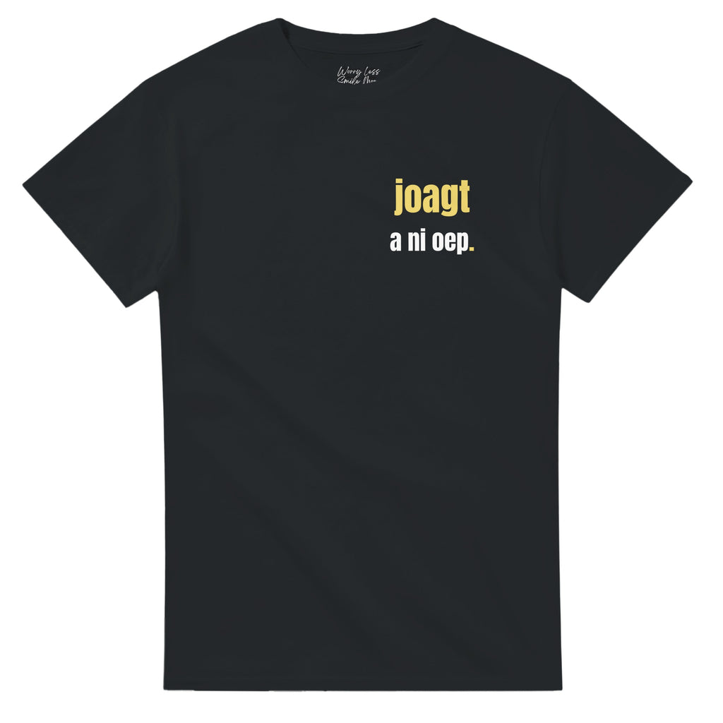Joagt a ni oep t-shirt met Antwerpse uitspraak in wit en geel op zwart shirt