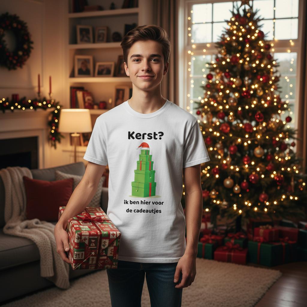 Kerst? Ik ben hier voor de cadeautjes - Wit T-shirt - Mockup