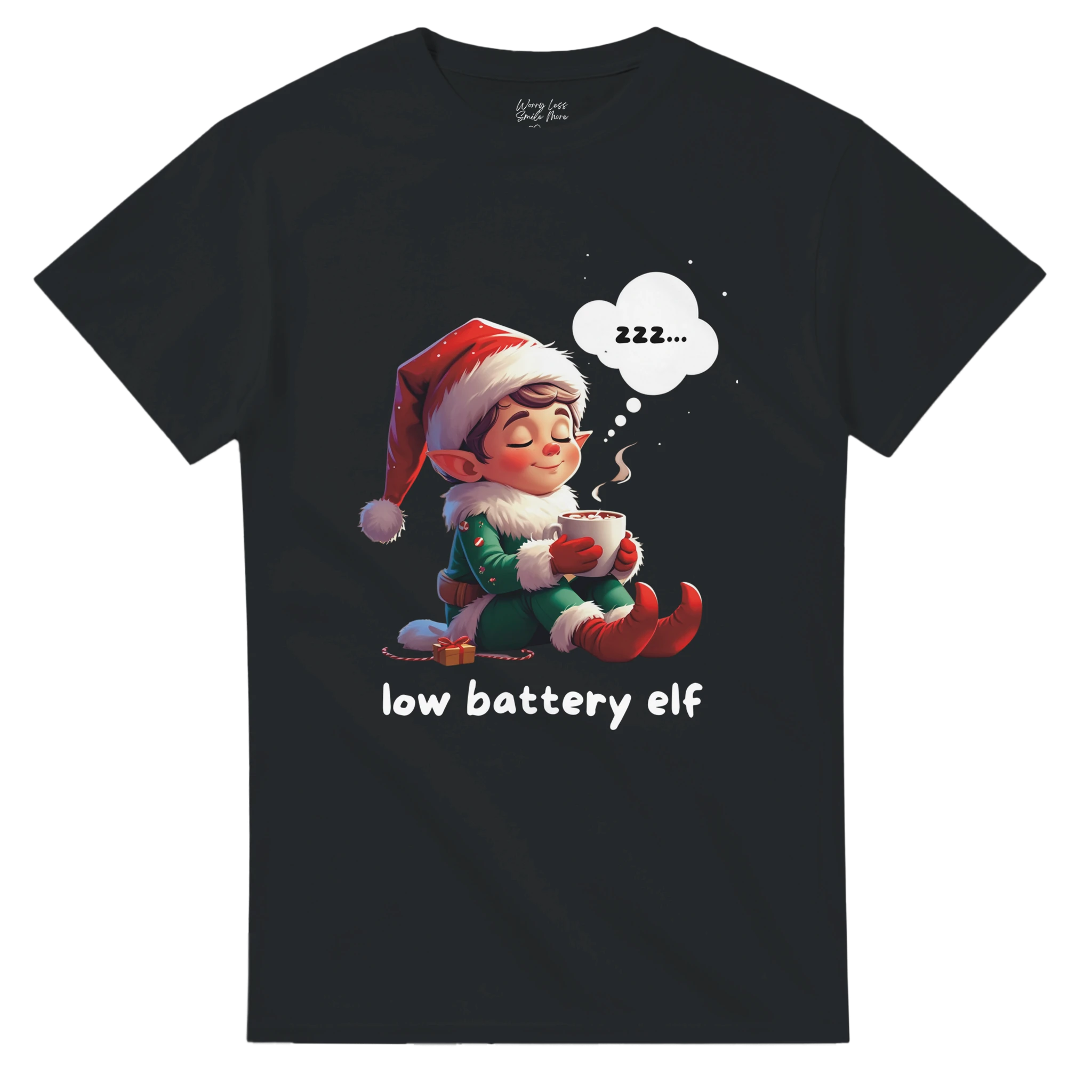 Low Battery Elf - Zwart kerst shirt