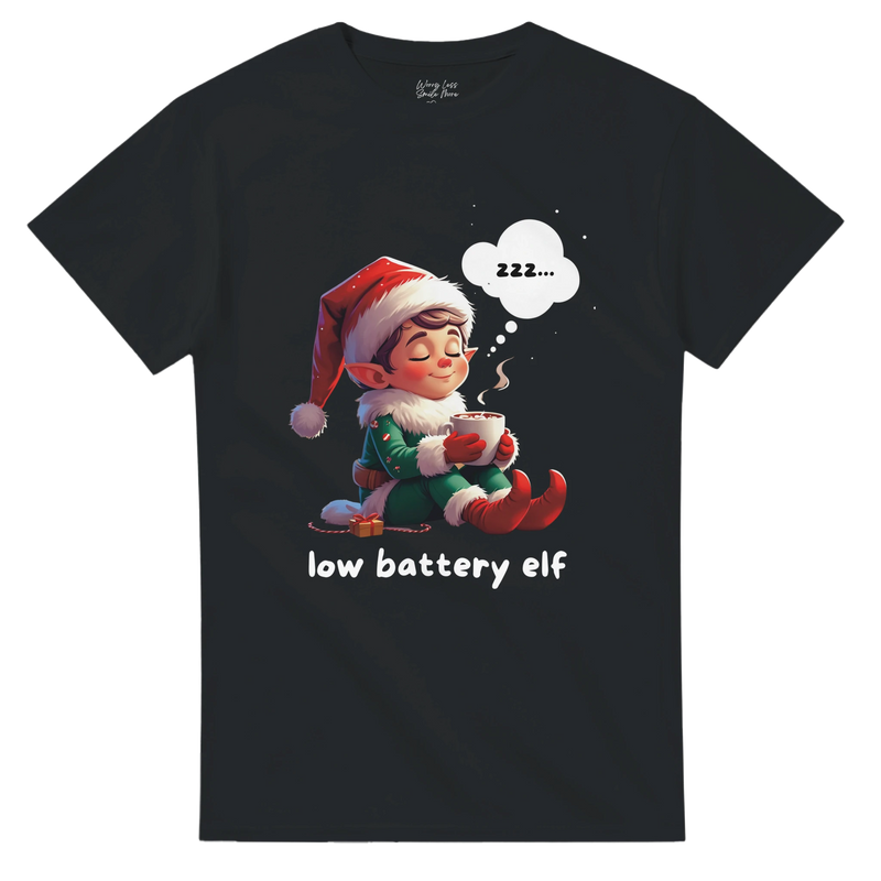 Low Battery Elf - Zwart kerst shirt