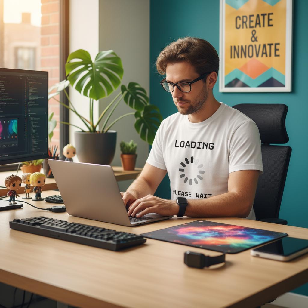Man wearing white Loading Please Wait t-shirt