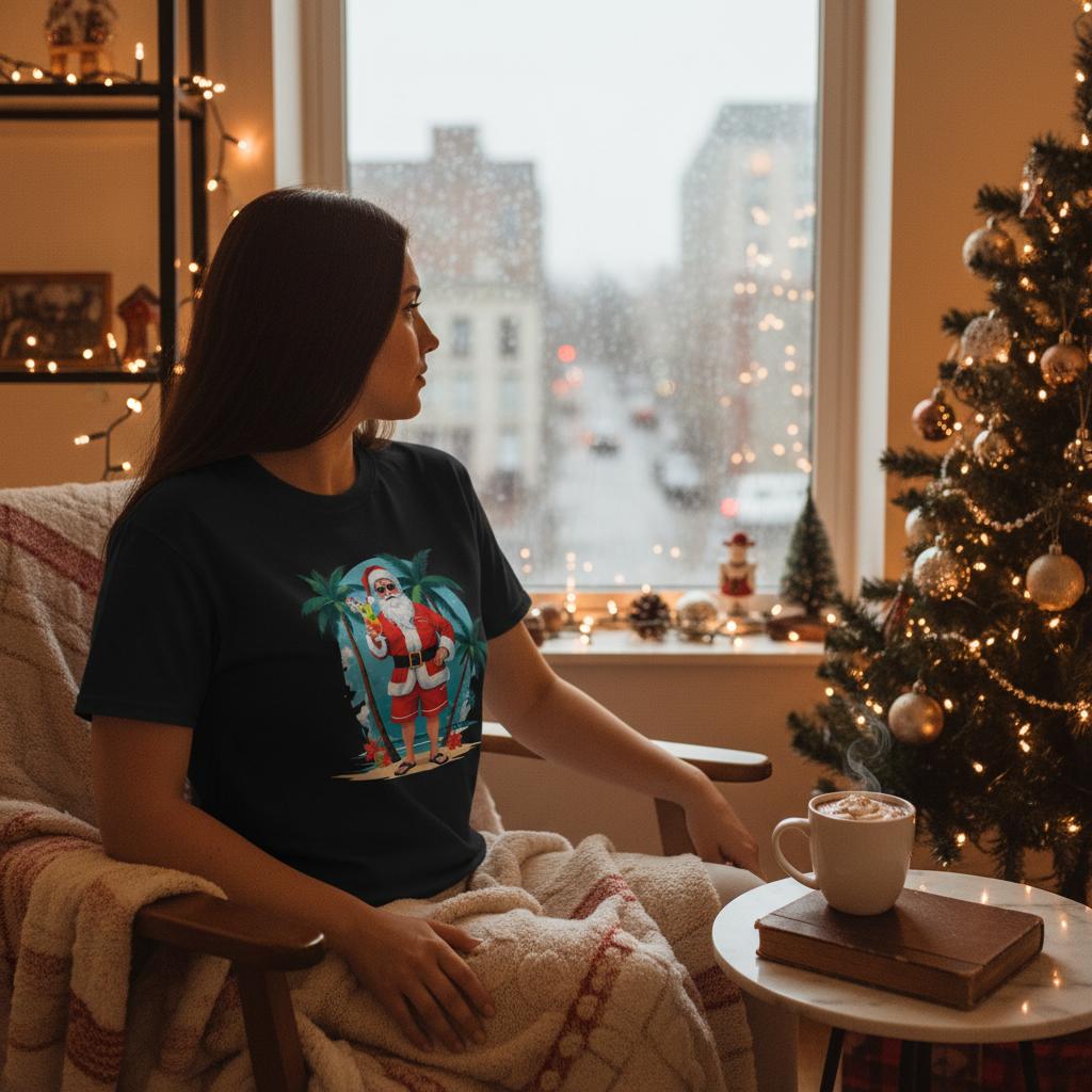 Meisje kijkt naar de regen en draagt het Beach Santa T-shirt