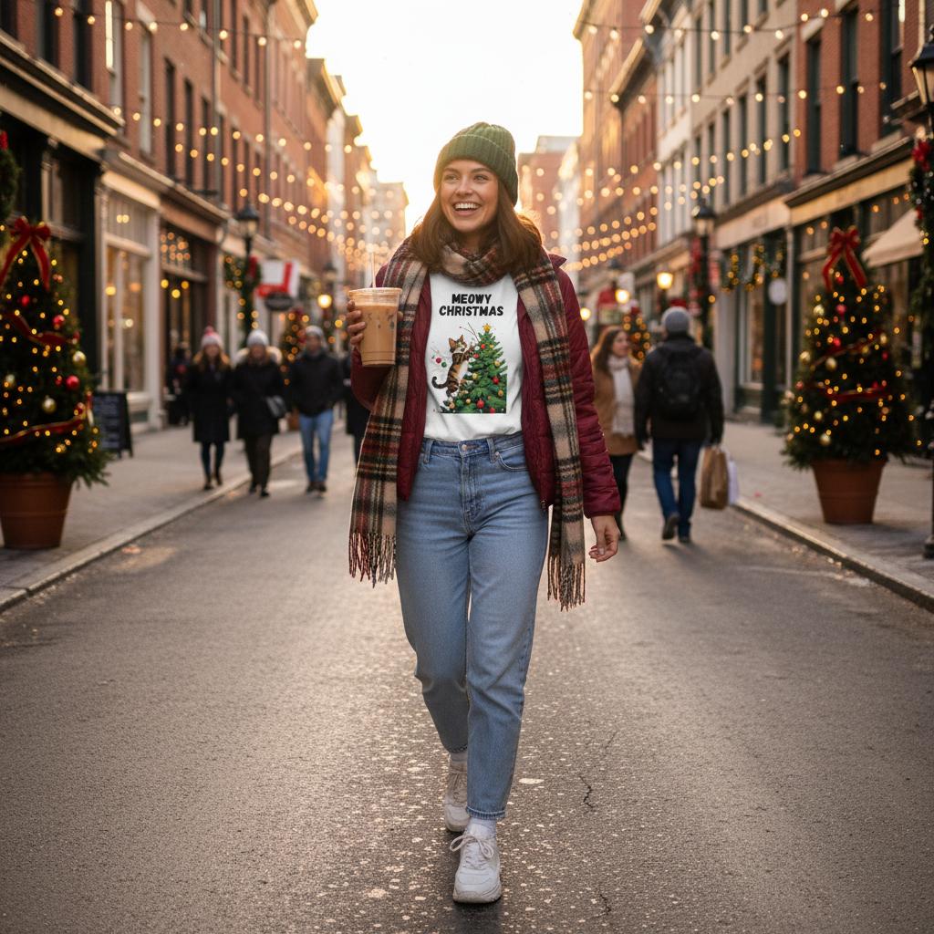 Meowy Christmas T-Shirt met Kat die de kerstboom vernielt
