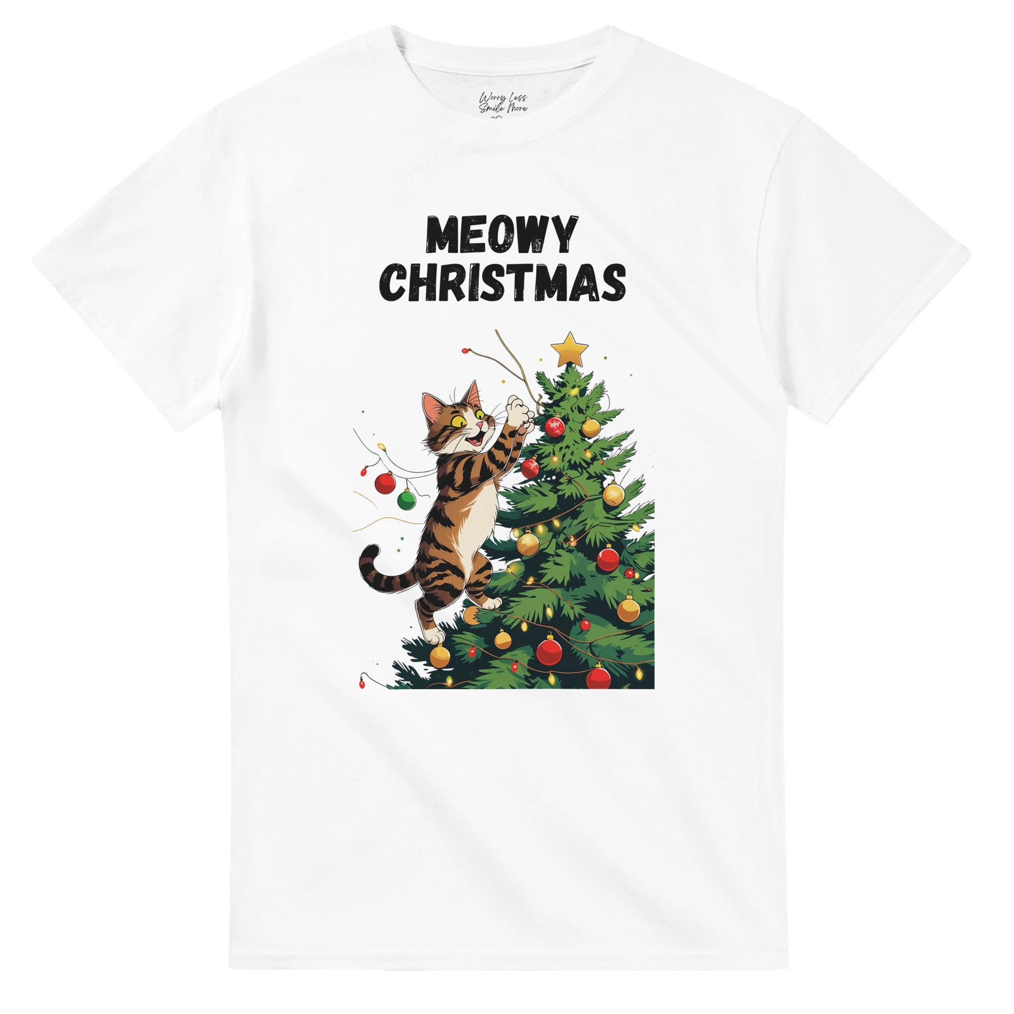 Meowy Christmas Wit T-Shirt - Kat springt in kerstboom