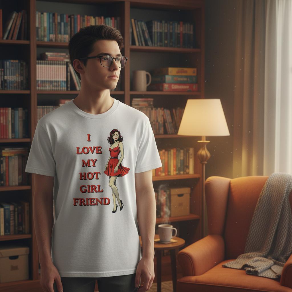 Nerdy jongen draagt Wit 'I love my hot girlfriend' Shirt