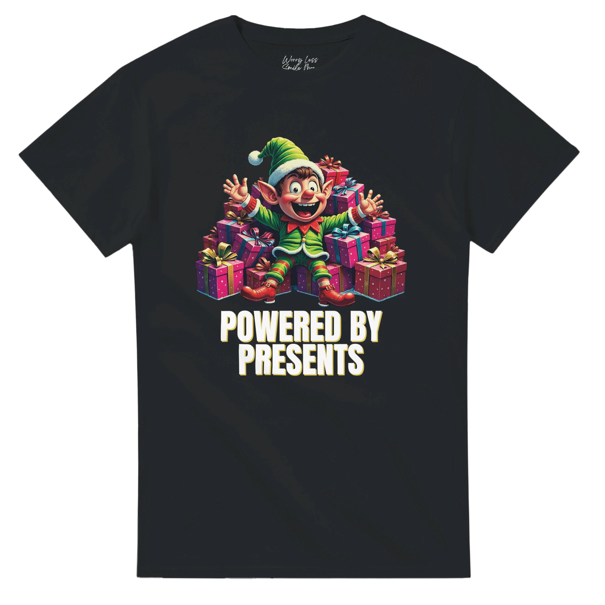 Powered by Presents - Zwart Kerst shirt