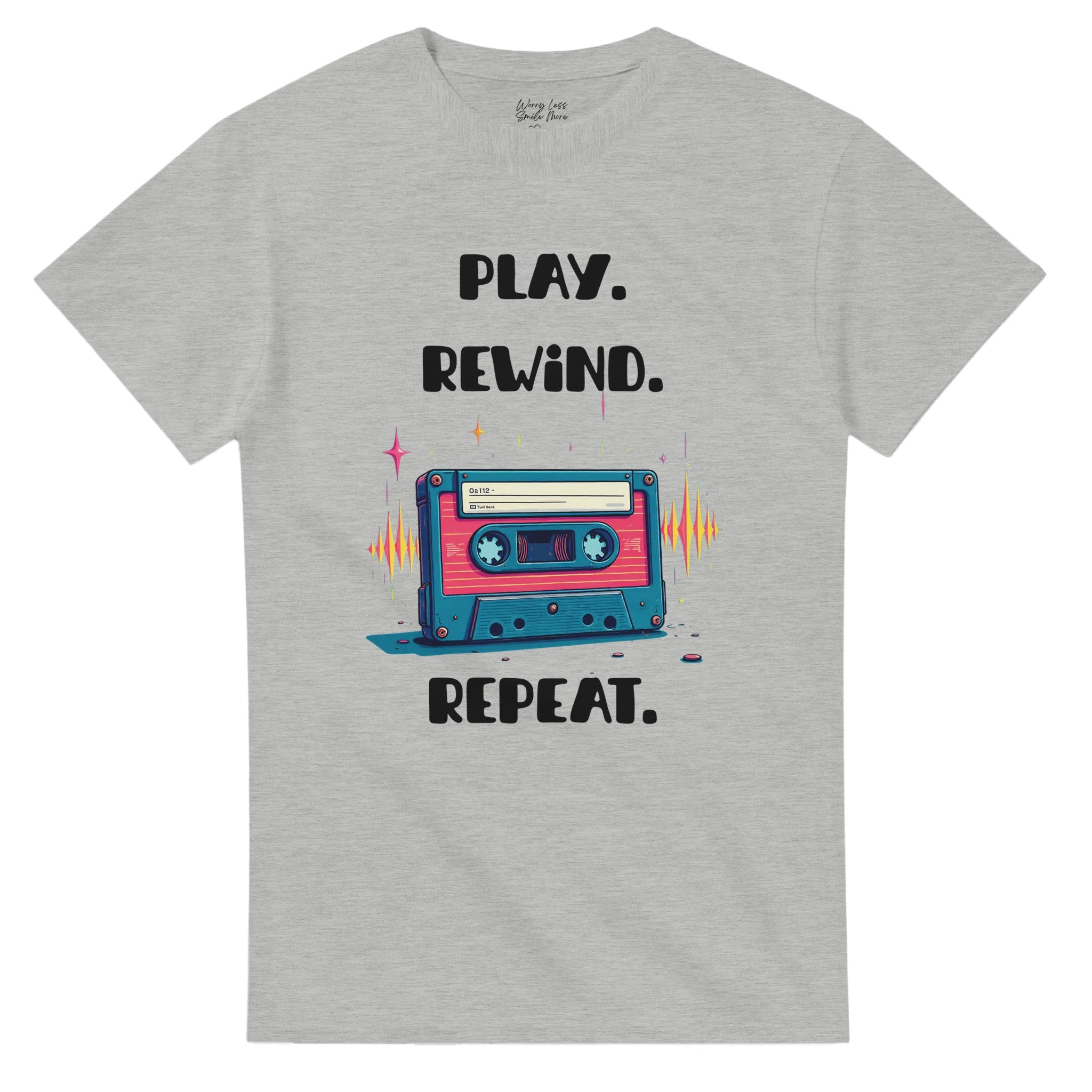 Retro shirt met cassette= Play - Rewind - Repeat Grijs