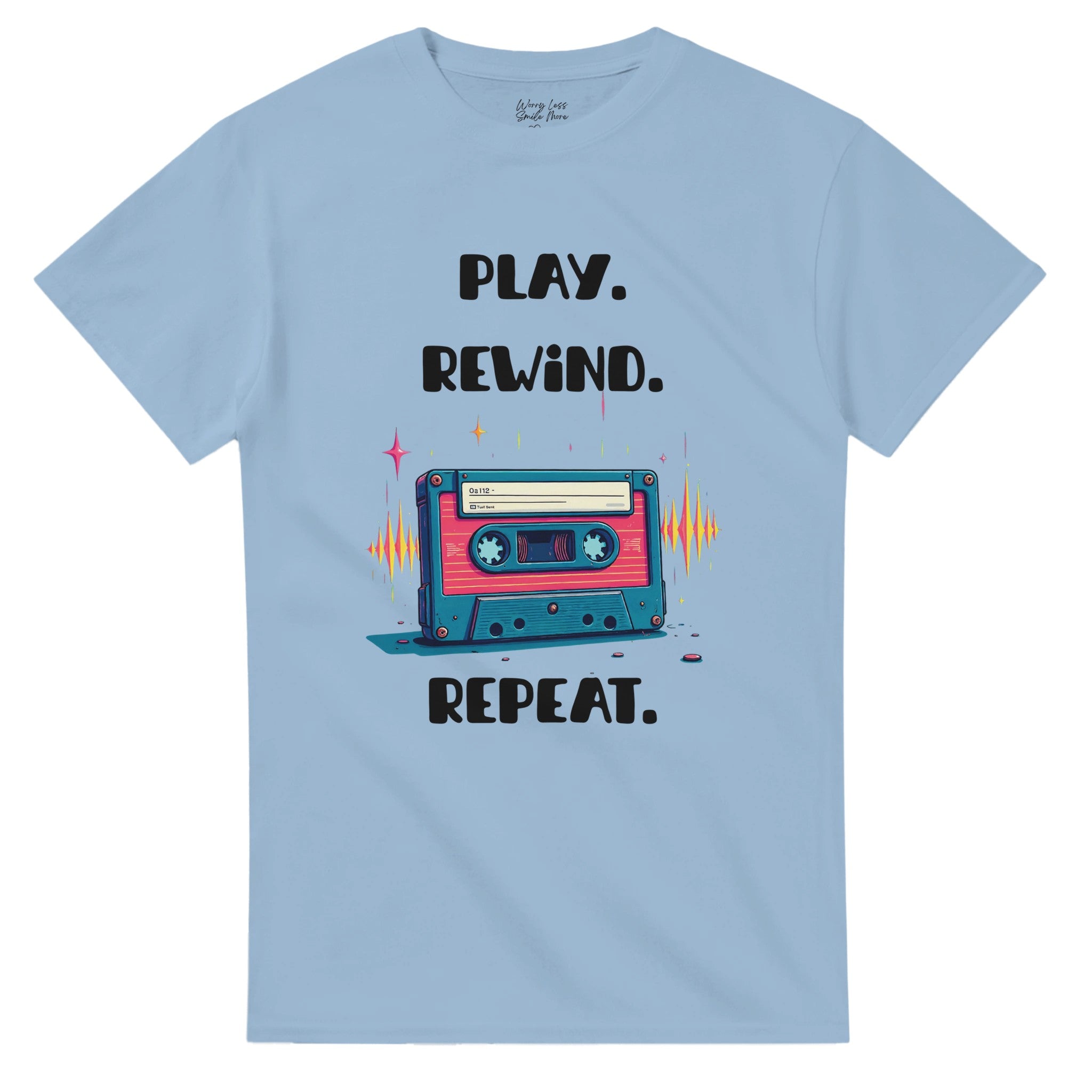 Retro shirt met cassette= Play - Rewind - Repeat Licht Blauw
