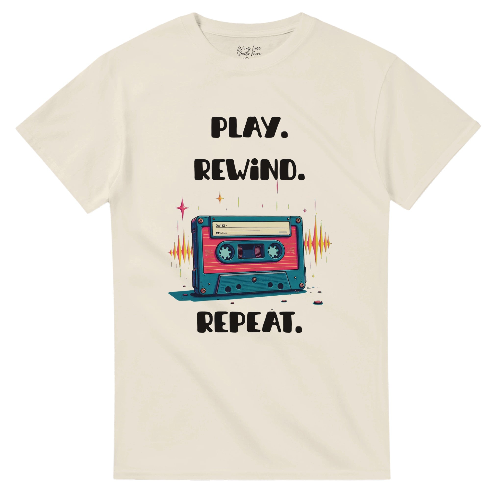 Retro shirt met cassette= Play - Rewind - Repeat Natural / Beige