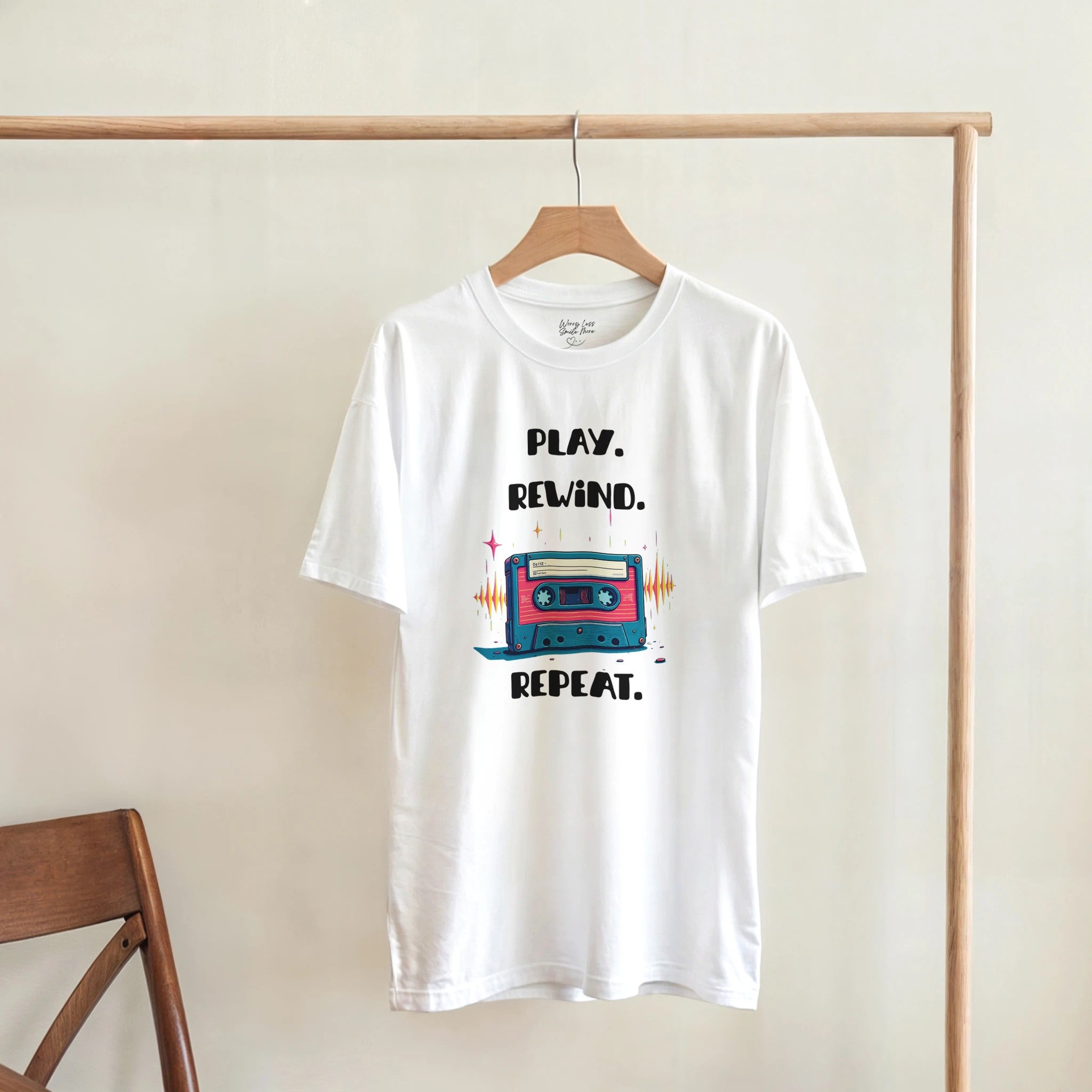 Retro shirt met cassette= Play - Rewind - Repeat Wit