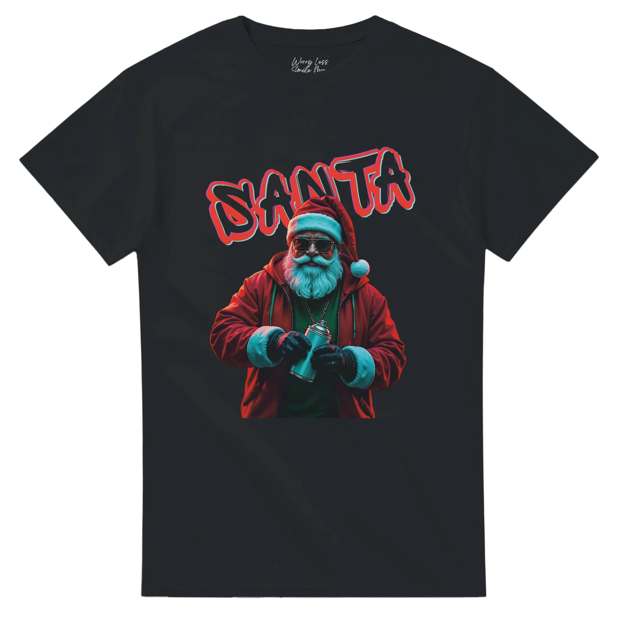 🎄 Santa Graffiti Tag - Urban Kerst T-Shirt. Santa verschijnt hier niet als de brave cadeautjesbrenger, maar als een urban icoon: zonnebril, spraycan in de hand en een neon graffiti-tag achter zich.
