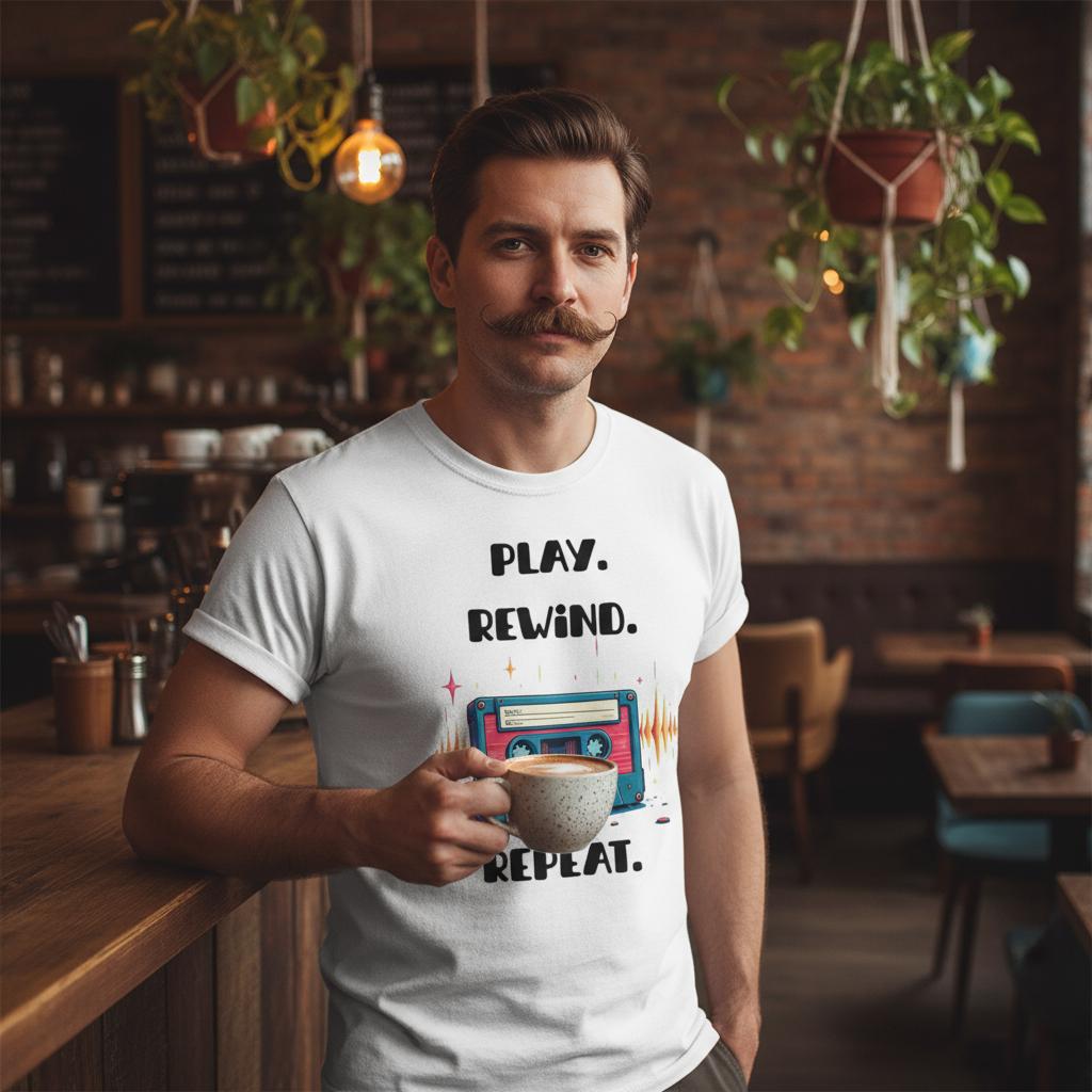 Wit shirt met cassette= Play - Rewind - Repeat - Mockup