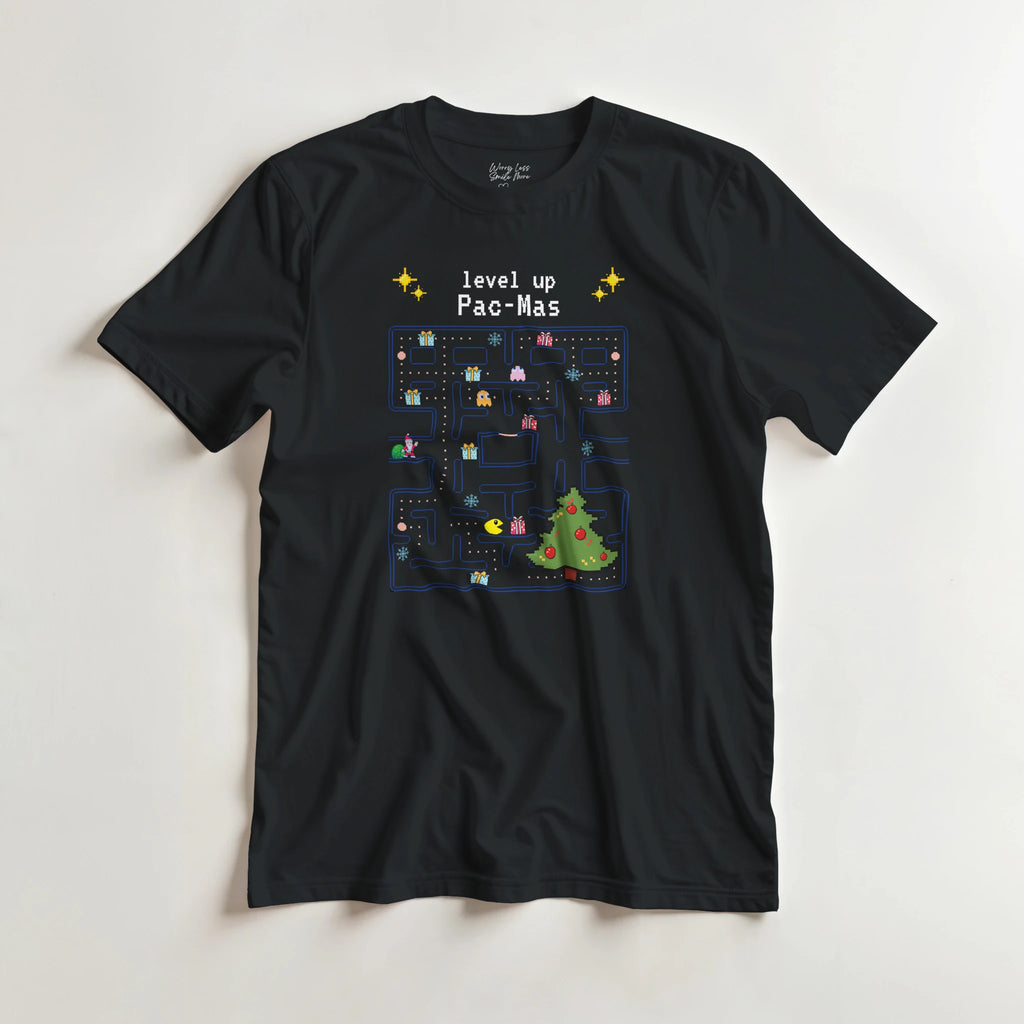 zwart shirt met pacman in kerst stijl