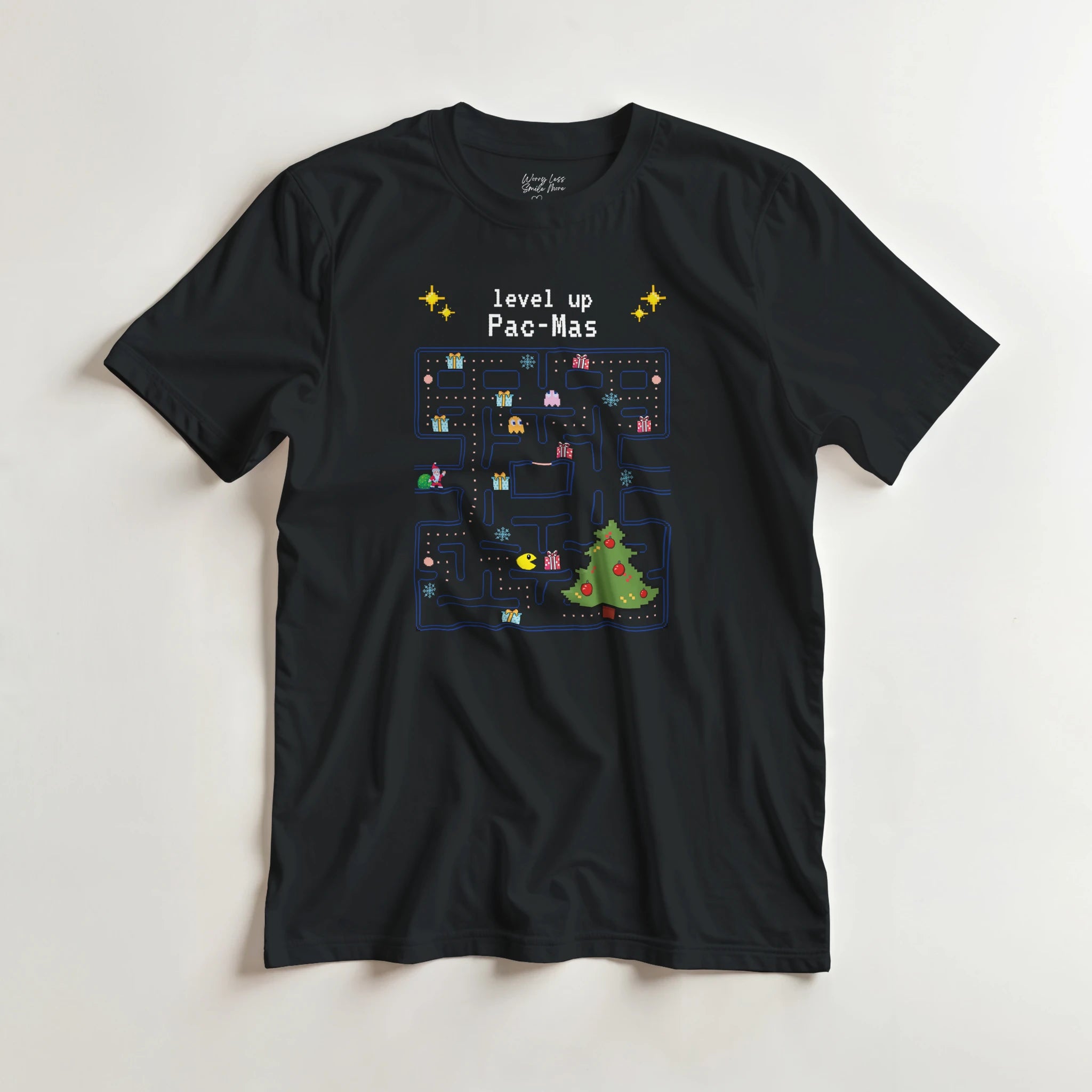 zwart shirt met pacman in kerst stijl
